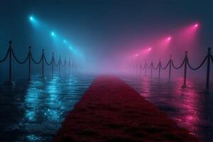 Colorful foggy red carpet pathway with glowing lights and reflections during an evening event photo