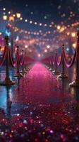 Elegant red carpet leading to a festive celebration at night with sparkling lights and lush decorations photo