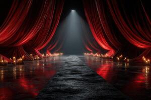 Stage set with red curtains and candles creating a dramatic atmosphere in a dimly lit space photo