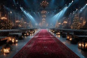 Elegant winter celebration venue with ornate decor and warm lighting during the evening hours photo