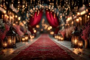 Elegant pathway adorned with lanterns and lights for a festive event in a charming gathering space photo