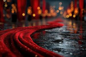 Elegant red carpet glistens in a dimly lit venue surrounded by soft glowing lights photo