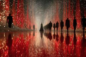 Fashion runway show showcases stunning designs amid vibrant lights and reflections in a captivating urban setting photo