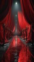 Red velvet curtains frame a dramatic entrance leading to a mysterious venue illuminated by dim lighting photo