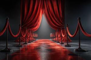 Elegant red carpet entrance leading to bright lights and a dramatic curtain in a dimly lit space photo