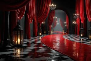 Elegant corridor adorned with red drapes and chandeliers in a luxurious setting during the evening photo