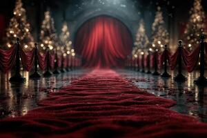 Glamorous red carpet leading to a grand curtain adorned with festive trees during an evening gala event photo