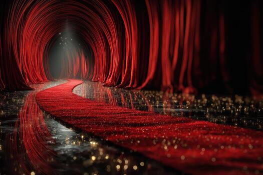 Elegant red carpet pathway leading to a mysterious illuminated venue with draped curtains photo