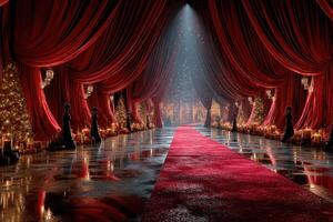 Elegant red carpet pathway adorned with soft lighting and festive decorations in a lavish venue during a night event photo