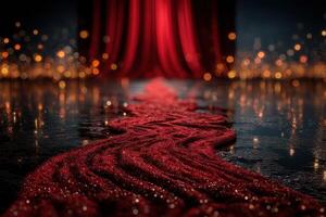 Elegant red carpet leading to dramatic stage with sparkling lights at night event photo