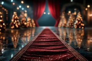 Elegant red carpet leading to a festive backdrop with twinkling lights and Christmas trees in a lavish indoor setting photo