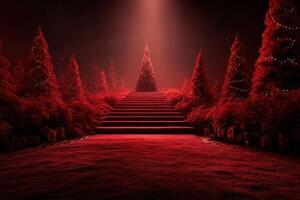 Stairway leading to a red glowing Christmas tree surrounded by decorated shrubs at night photo