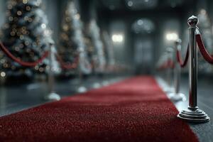 Elegant red carpet lined with stanchions for a festive event among decorated trees at a grand venue during the holiday season photo