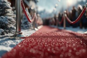 Luxury red carpet event with snowy backdrop and festive atmosphere during winter gala celebration photo