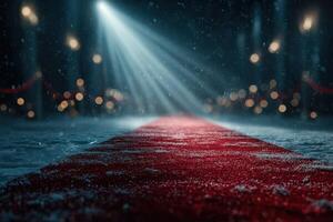 Spotlight shines on a red carpet during a snowy night event filled with lights and anticipation photo