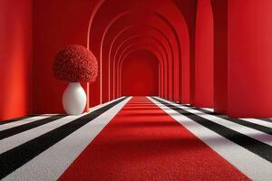 Vibrant hallway featuring geometric patterns and decorative flower arrangement in a bold red setting photo