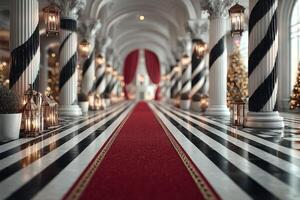 Elegant red carpet leads to a beautifully decorated hall adorned with Christmas lights and ornate columns during the festive season photo