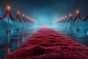 Red carpet path lined with velvet ropes and glowing torches in a mystical fog landscape photo