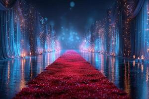 Vibrant red carpet leading through enchanting blue-lit setting for an elegant evening event photo