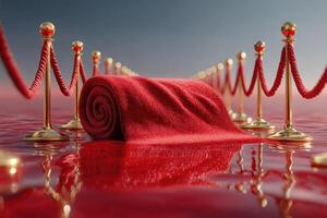 Luxurious red carpet unrolled with shiny stanchions for a grand event at sunset photo
