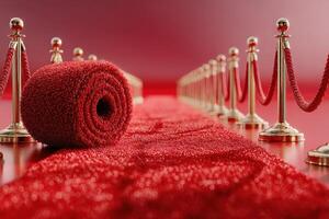 Elegant red carpet event preparation with velvet ropes and stanchions in a luxurious setting photo