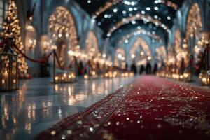 Elegant evening gala with sparkling decorations and a lavish red carpet at a festive venue photo