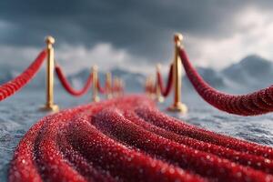 Red carpet leads through a misty landscape with dramatic clouds and golden stanchions photo