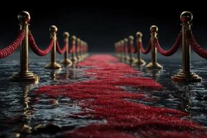 Elegant red carpet pathway lined with golden stanchions leads to an unknown destination in a serene atmosphere photo