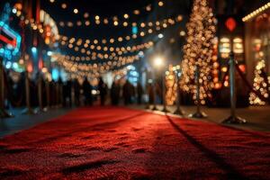 Elegant red carpet leading to festive lights during a night event in a bustling city photo
