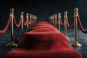 Red carpet pathway flanked by velvet ropes leading to an elegant event space under dim lighting photo