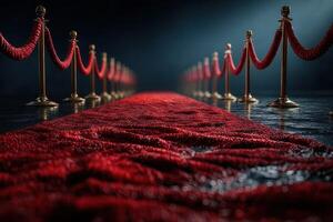 Elegant red carpet lined with golden stanchions welcome guests to a glamorous event in an upscale venue photo
