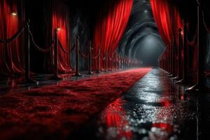 Red carpet corridor with dramatic lighting and velvet curtains leading to an unknown destination at night photo