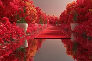 Vibrant red flowers line a reflective pathway leading through a serene garden landscape during a tranquil afternoon photo
