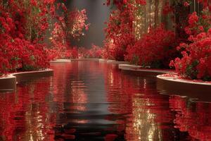 Stunning floral pathway with red roses and reflective water in a serene indoor setting during evening hours photo
