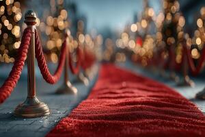 Elegant red carpet leading to a festive gala adorned with soft glowing lights in a winter evening setting photo