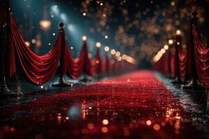 Red carpet at night with glimmering lights and elegant decorations for a special event photo