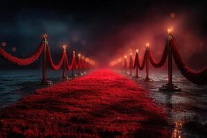 Red carpet leading to an exclusive event venue at night illuminated by glowing lights and surrounded by velvet ropes photo