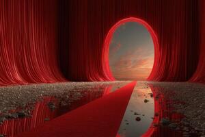 Dramatic red curtain entrance leads to a scenic view at sunset photo