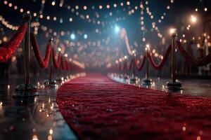 Elegant red carpet pathway adorned with lights and rope barriers at an evening gala event photo