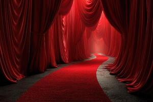 Pathway through red velvet curtains leading to a dramatic venue entrance at dusk photo