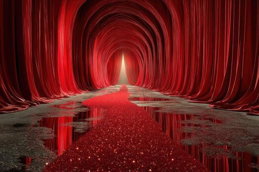 Intricate red tunnel with shimmering pathway leading to bright light at the end evokes a surreal and enchanting atmosphere photo
