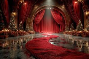 Stunning theater stage decorated for a festive performance with red curtains and holiday decor photo