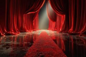 Luxurious red velvet curtains create a dramatic entrance along a shimmering reflective path photo