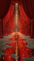 Bright red curtains frame a sparkling corridor with shimmering reflections in a illuminated setting photo