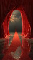Dramatic red curtains frame a reflective pathway leading to a figure under a moody sky at twilight photo