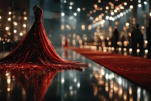 Elegant red gown showcased on a reflective runway during a glamorous evening event in a beautifully lit venue photo