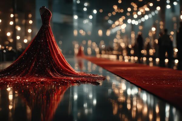 Elegant red gown showcased on a reflective runway during a glamorous evening event in a beautifully lit venue