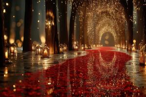Enchanted pathway illuminated by lanterns and lined with vibrant petals during a serene evening photo