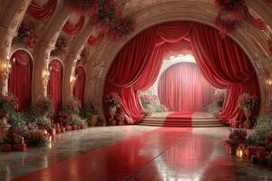 Elegant red velvet stage adorned with flowers and lush decorations, perfect for a grand celebration setting photo