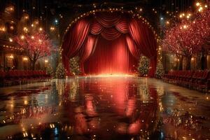 Vibrant theater stage ready for a festive performance with shimmering reflections and warm lighting photo
